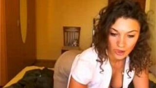 Curly hair brunette with sexy body stripping - porn video