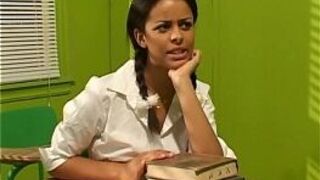 Pigtailed teen cutie in stockings fucked on a desk - porn video